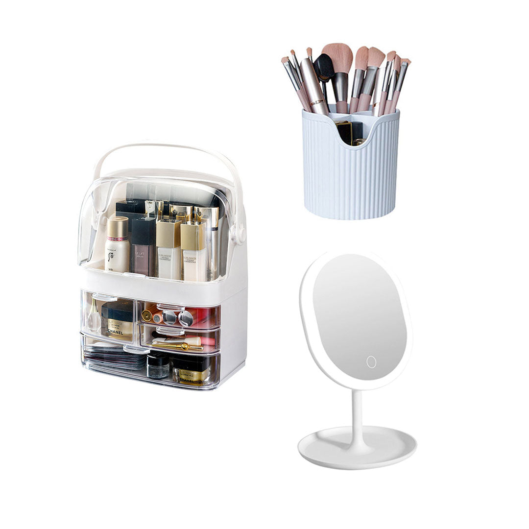 Cosmetic Organiser with LED Tabletop Mirror - Set of 3 - Notbrand