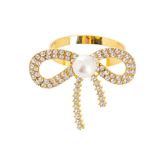 Set of 8 Diamante Pearl Bow Napkin Ring - Gold - Notbrand