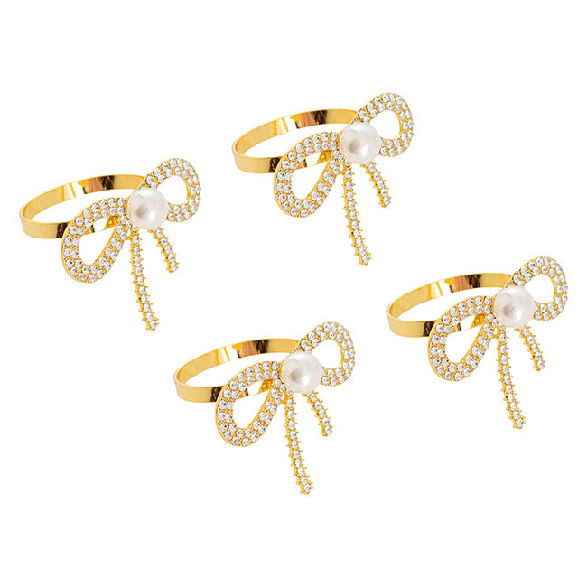 Set of 8 Diamante Pearl Bow Napkin Ring - Gold - Notbrand
