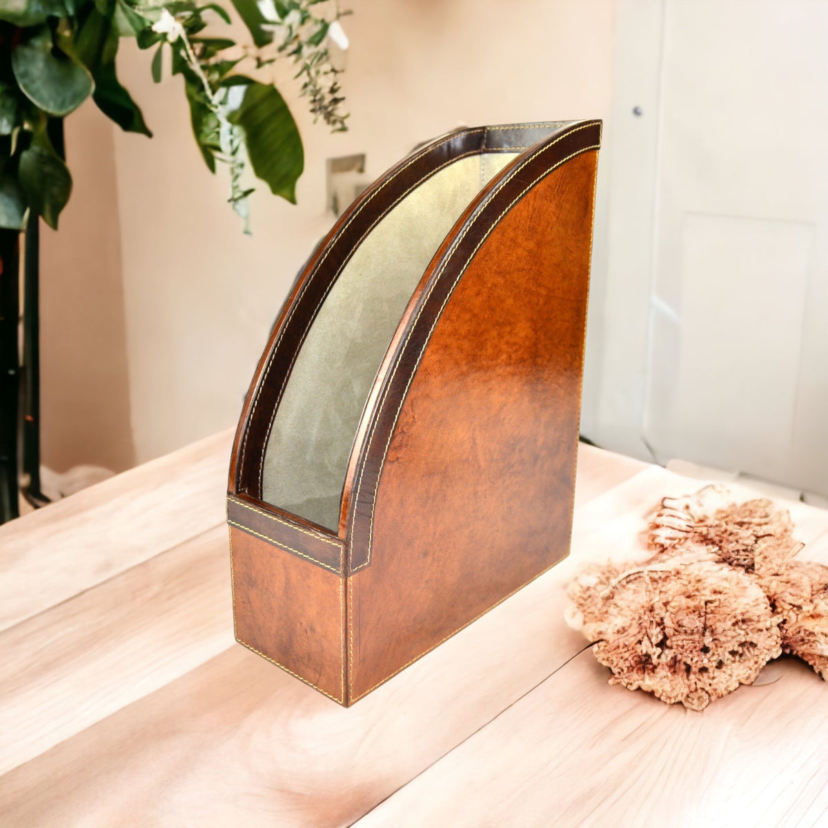 Tan Leather Tall Magazine Stand Holder - Notbrand