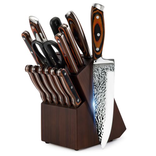 Kitchen Knife Block Set with Embossed Blade in Brown - 15pc - Notbrand