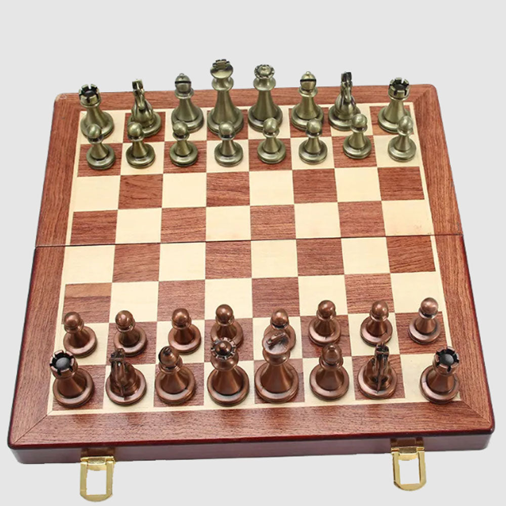 Portable Folding Wooden Chess Board With Metal Pieces - Notbrand