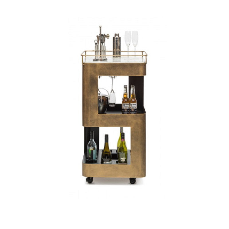 Contemporary Bar Cart with White Marble Top - French Brass - NotBrand