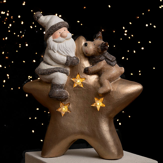 Santa And Reindeer On Gold Star With LED Decoration - Notbrand