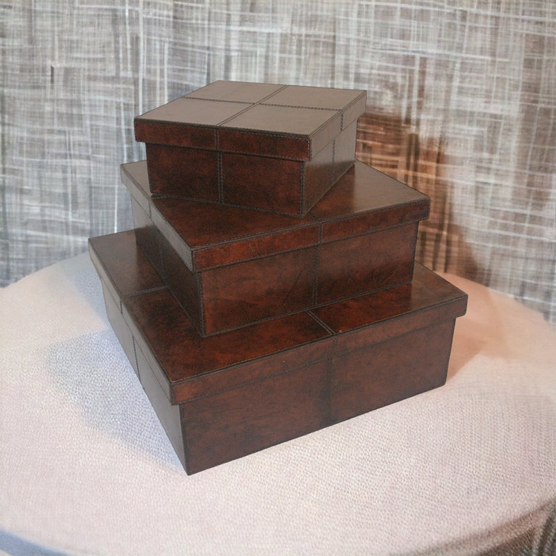 Belstram Set of 3 Dark Leather Square Boxes - Notbrand