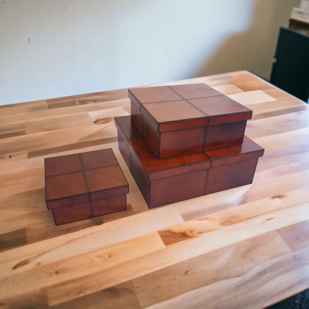 Belstram Set of 3 Tan Leather Square Boxes - Notbrand