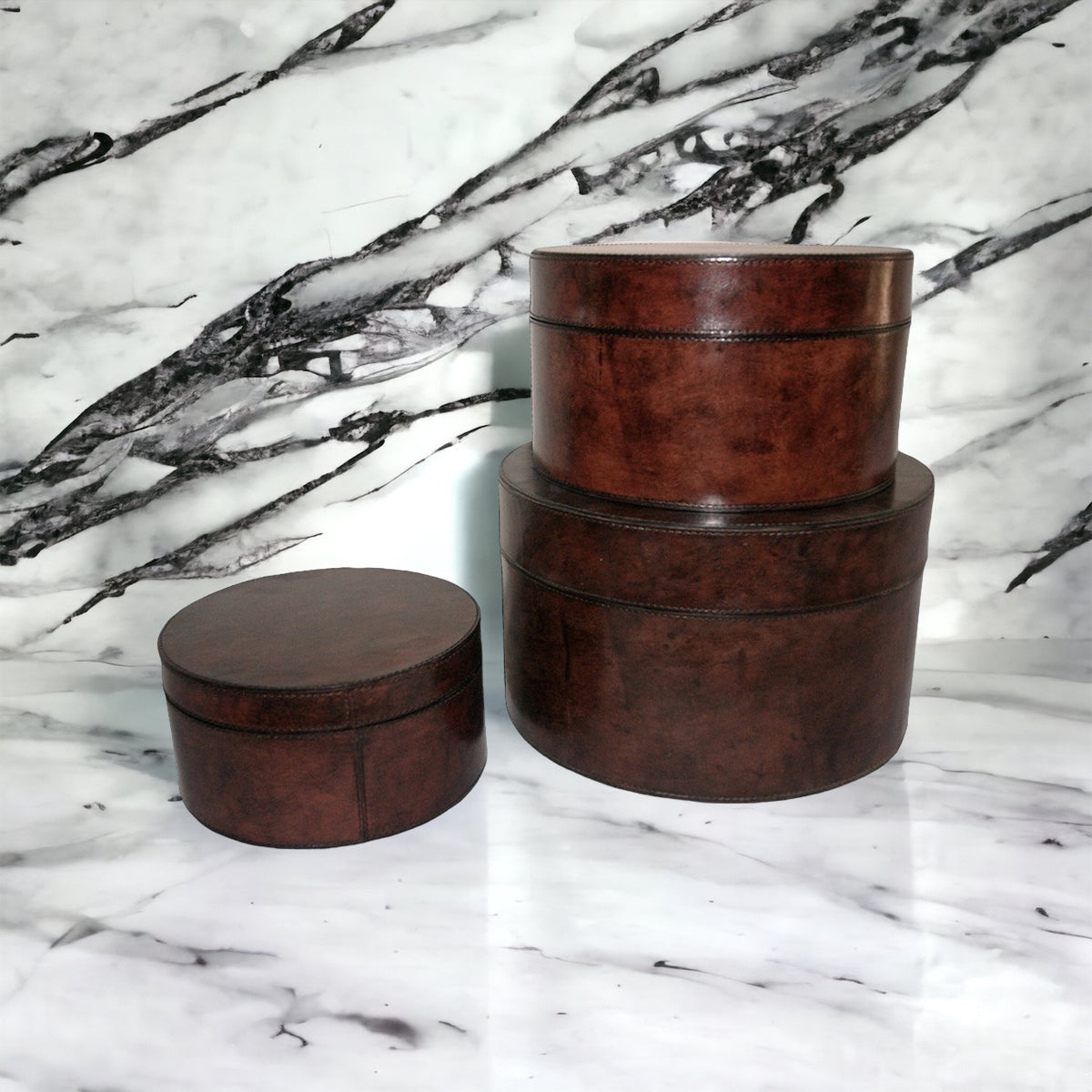Lymseia Set of 3 Dark Leather Round Boxes - Notbrand