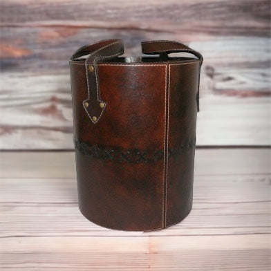 Chivalric Dark Leather Round Basket with Handles - Notbrand