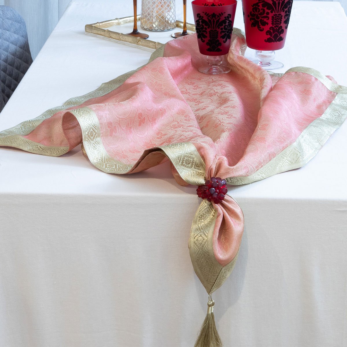 Organza Table Topper with Antique Brocade - Peach - Notbrand