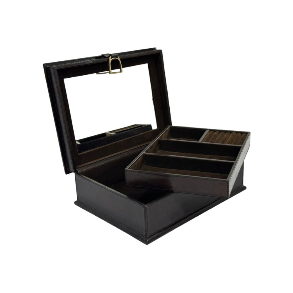 Afio Dark Leather Jewellery Box with Stirrups - NotBrand