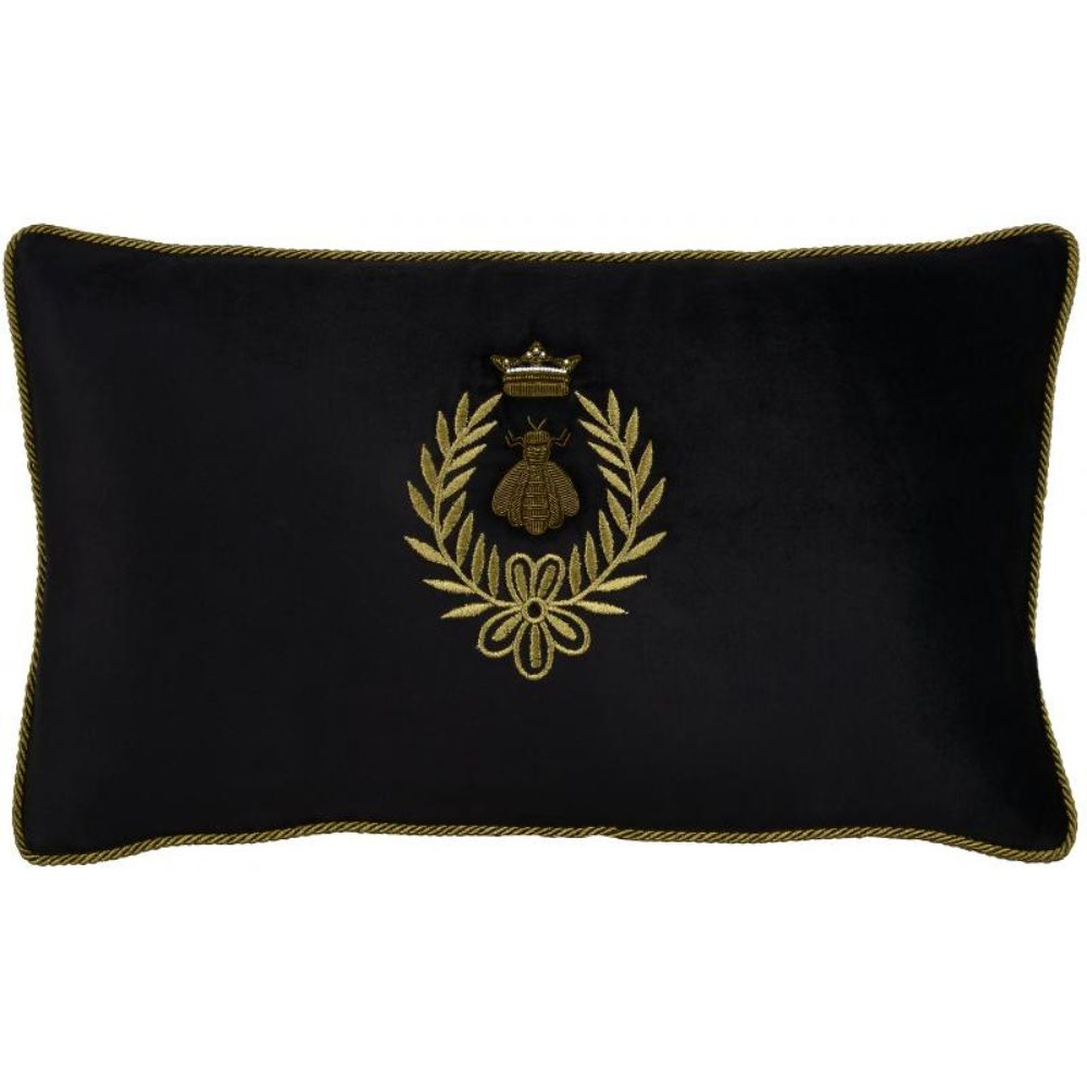 Bee, Crown & Wreath on Velvet Rectangle Cushion - Black - NotBarnd