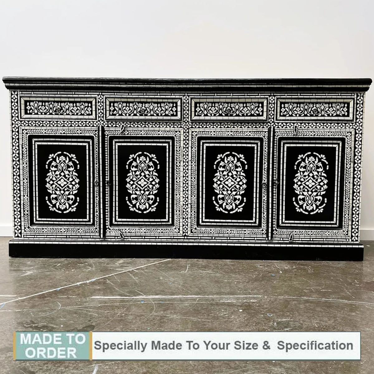 Bohemian Black & White Hand Painted Indian Bone Inlay Pattern Timber Buffet Moroccan Sideboard Storage Cabinet - Notbrand