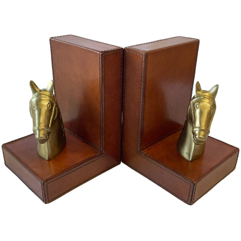 Set of 2 Horse Figurine Bookends - Tan Leather  - Notbrand