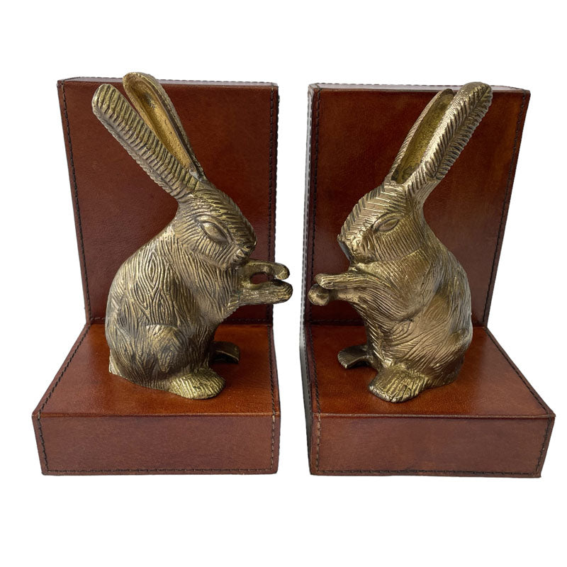 Set of 2 Rabbit Figurine Bookends - Tan Leather - Notbrand