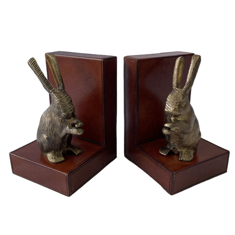 Set of 2 Rabbit Figurine Bookends - Tan Leather- Notbrand