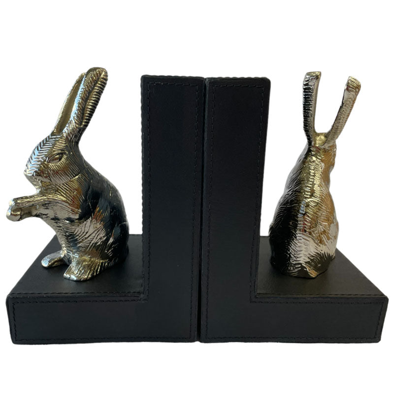 Set of 2 Rabbit Figurine Bookends - Black Leather - Notbrand