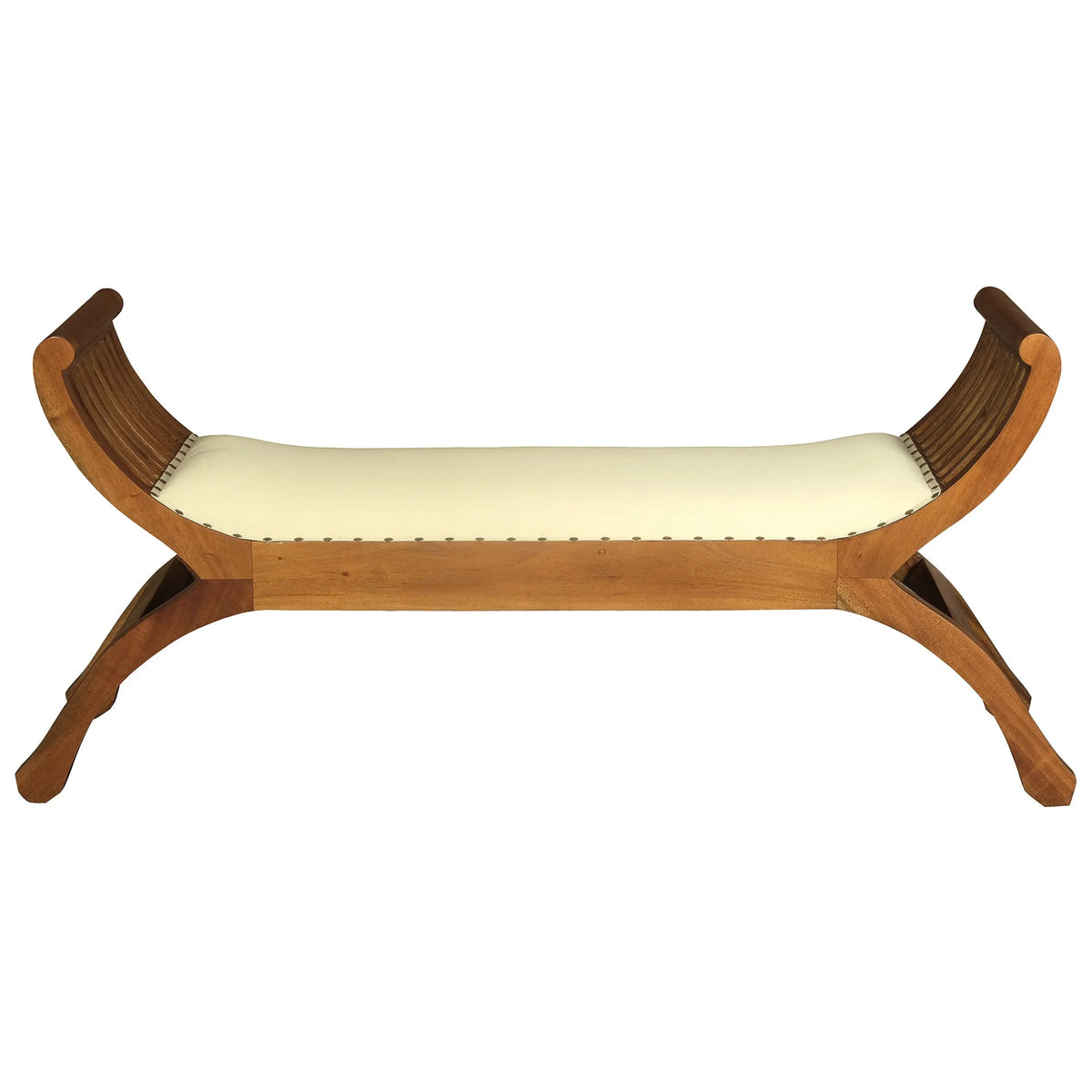 Upholstered Mahogany Timber Curved Bench with Cushioned Seat in Light Pecan- 130cm - Notbrand