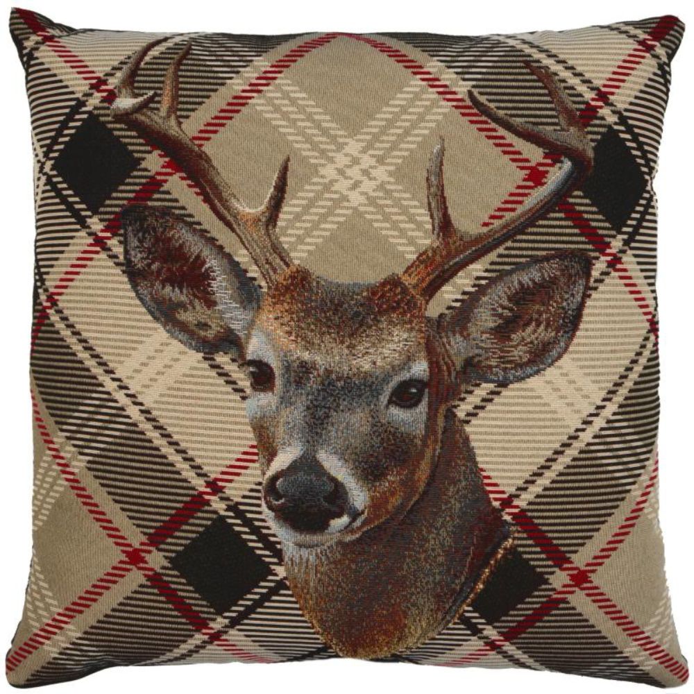 Deer Head & Tartan Cushion - Beige - NotBrand