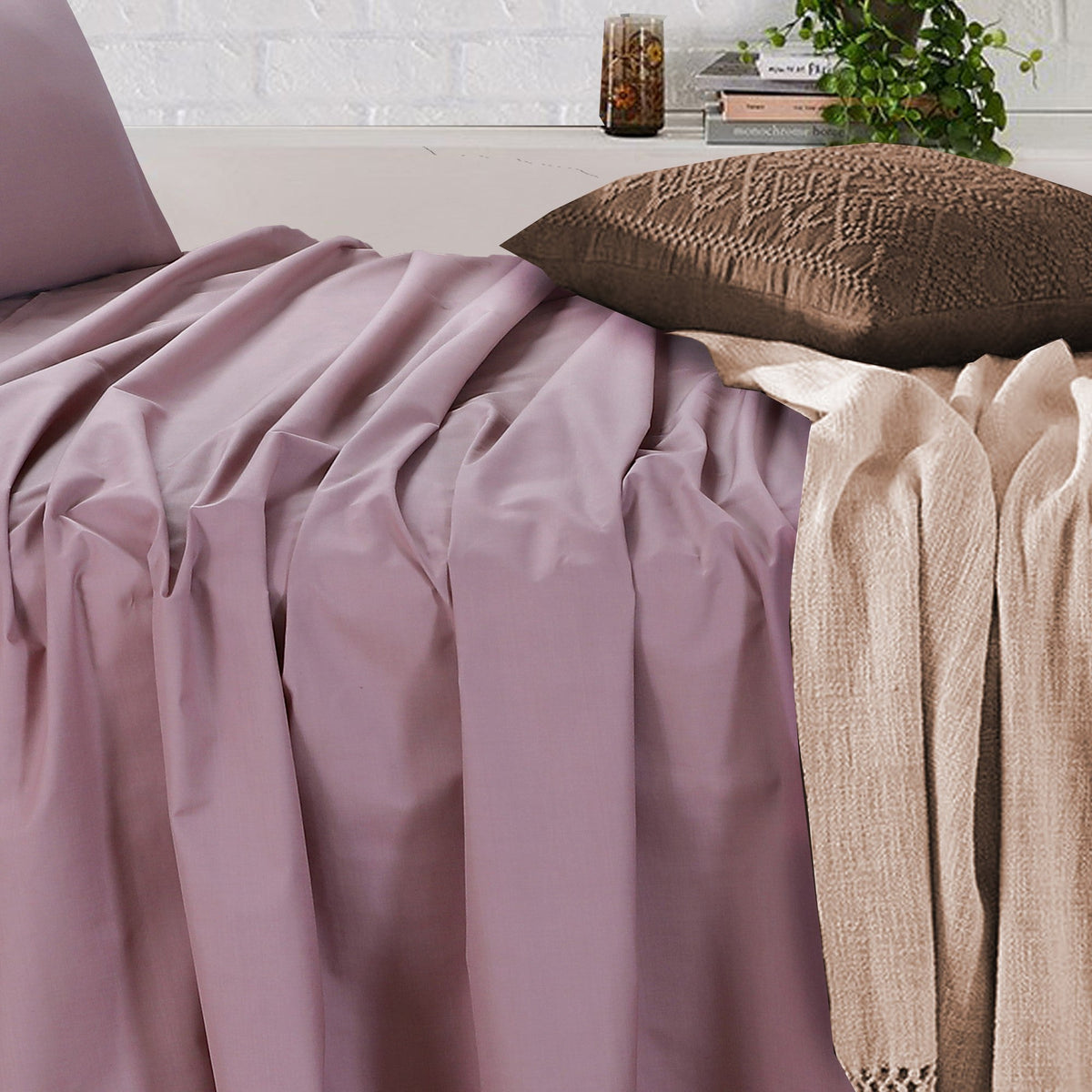 Royale Cotton Fitted Flat Sheet With Pillowcases - Dusky Pink - Notbrand