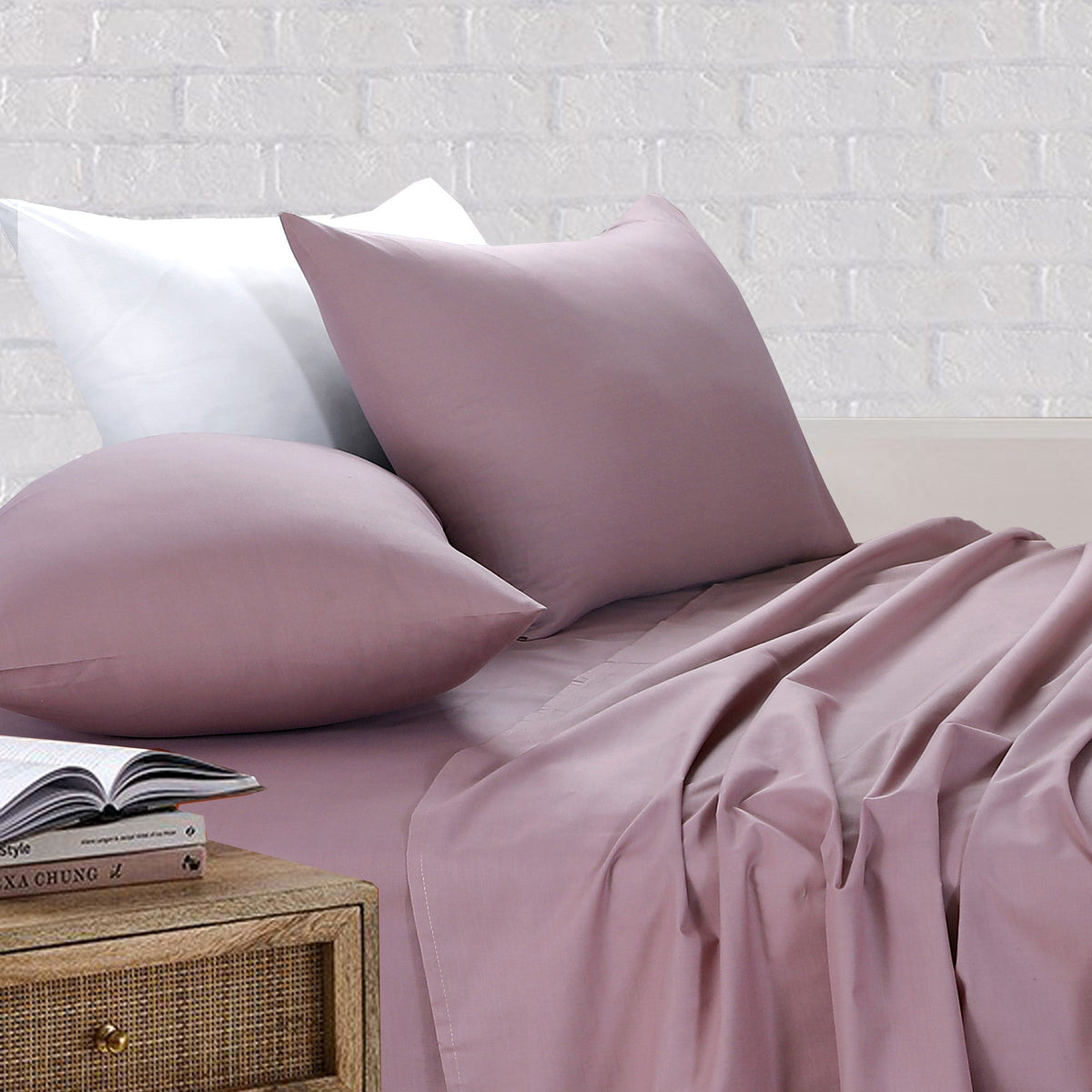Royale Cotton Fitted Flat Sheet With Pillowcases - Dusky Pink - Notbrand
