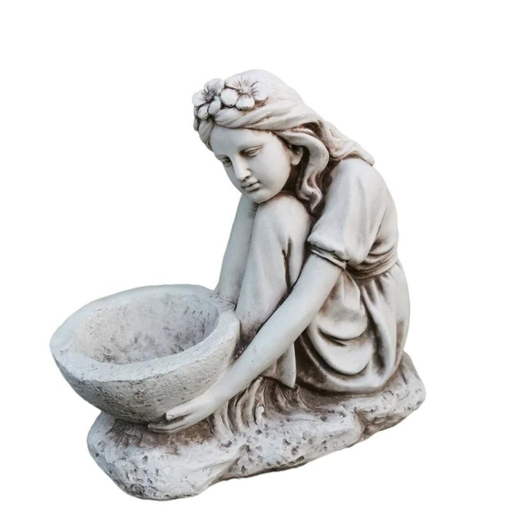 Girl Sitting Holding Bird Feeder Statue - NotBrand