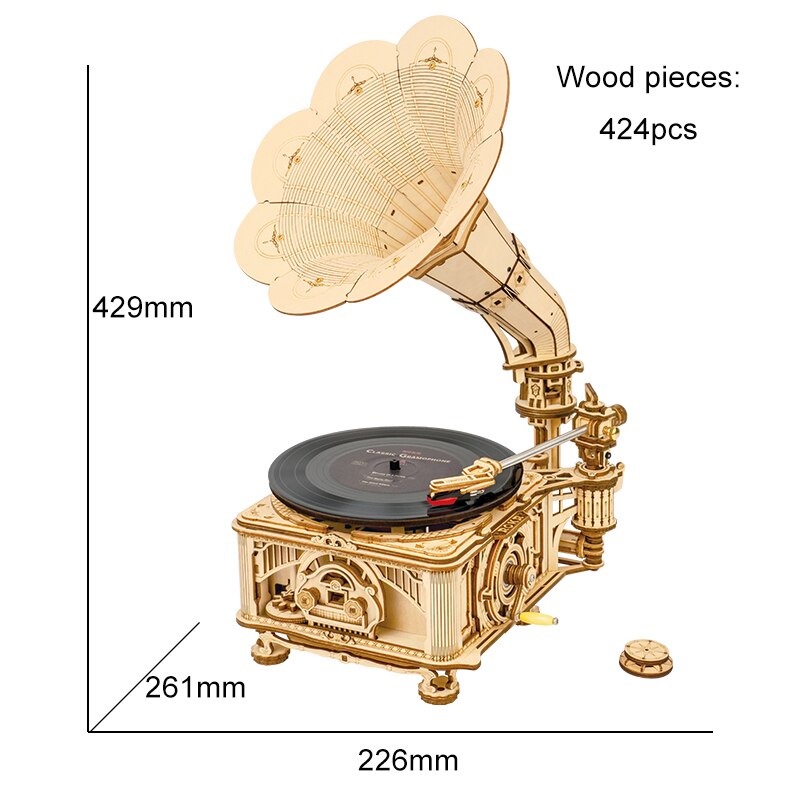 ROKR DIY Hand Crank Classic Gramophone Wooden Puzzle - Notbrand