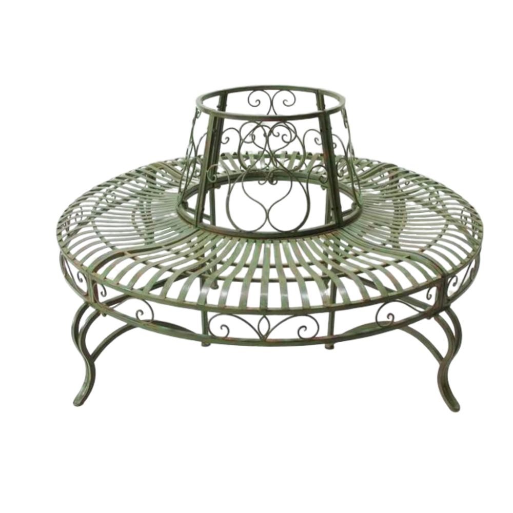 Heavy Gauge Iron Tree Surround with Bench - Distressed Green Finish - NotBrand