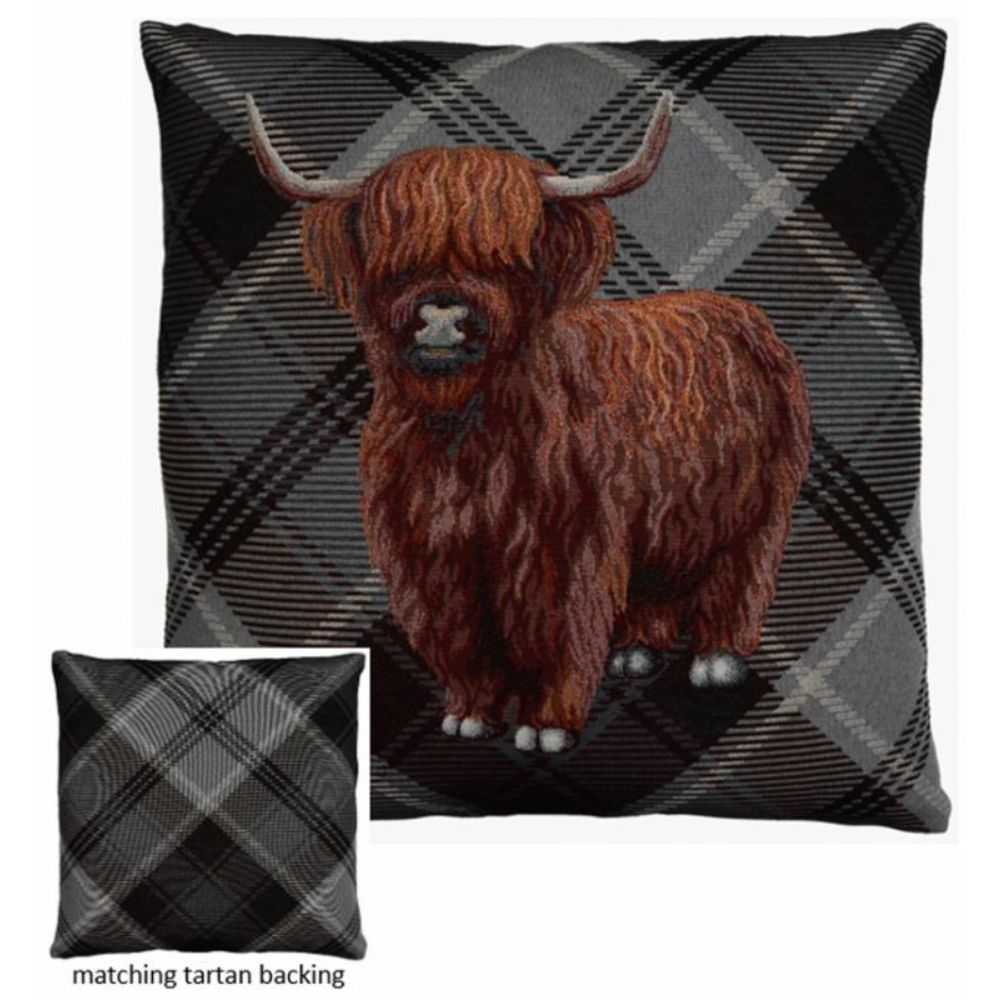 Highland Cow & Tartan Cushion - Grey - NotBrand