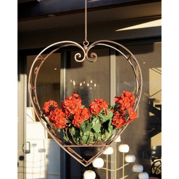 Wrought Iron Hanging Heart Pot in Rustic Brown - Large