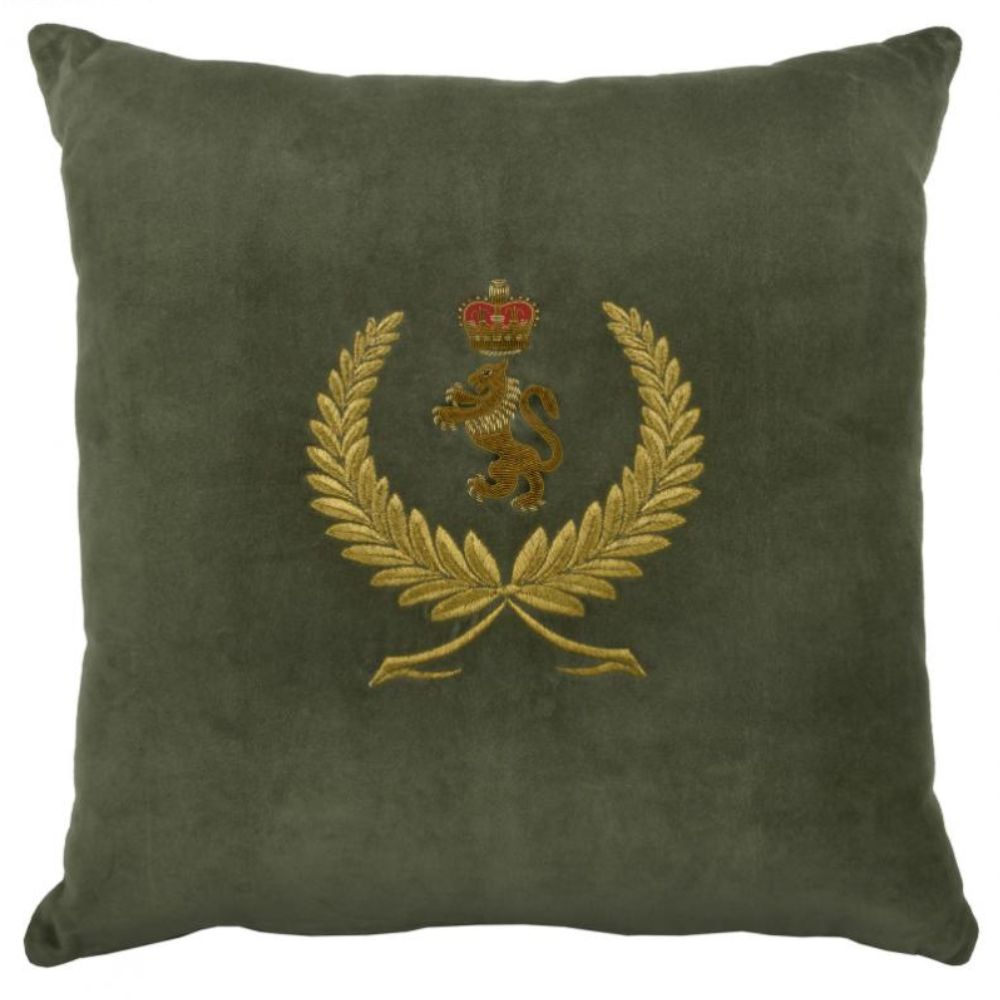 Lion, Crown & Wreath on Velvet Square Cushion - Olive - NotBrand