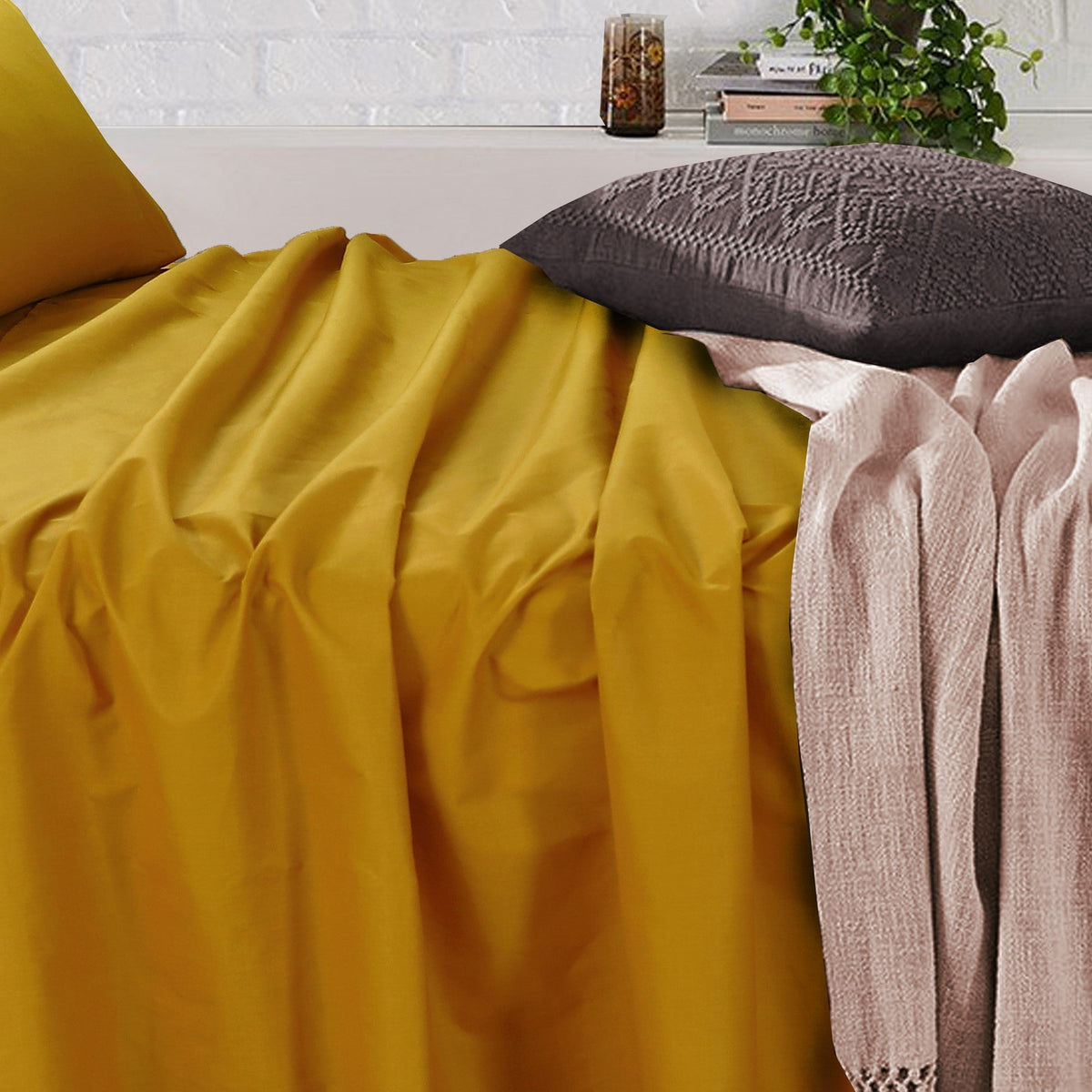 Royale Cotton Fitted Flat Sheet With Pillowcases - Mustard - Notbrand