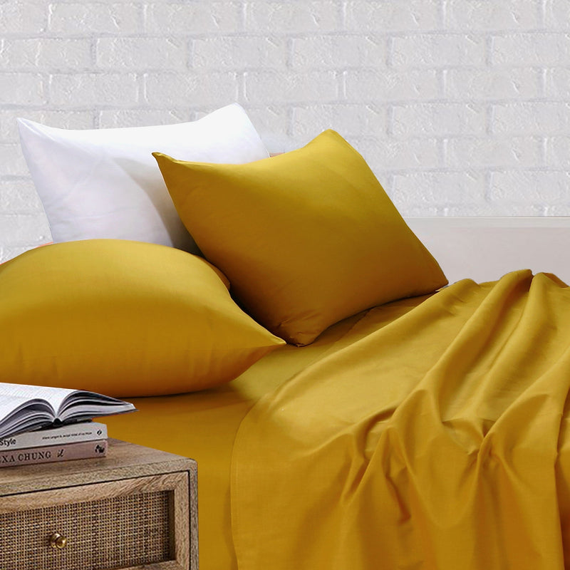Royale Cotton Fitted Flat Sheet With Pillowcases - Mustard - Notbrand