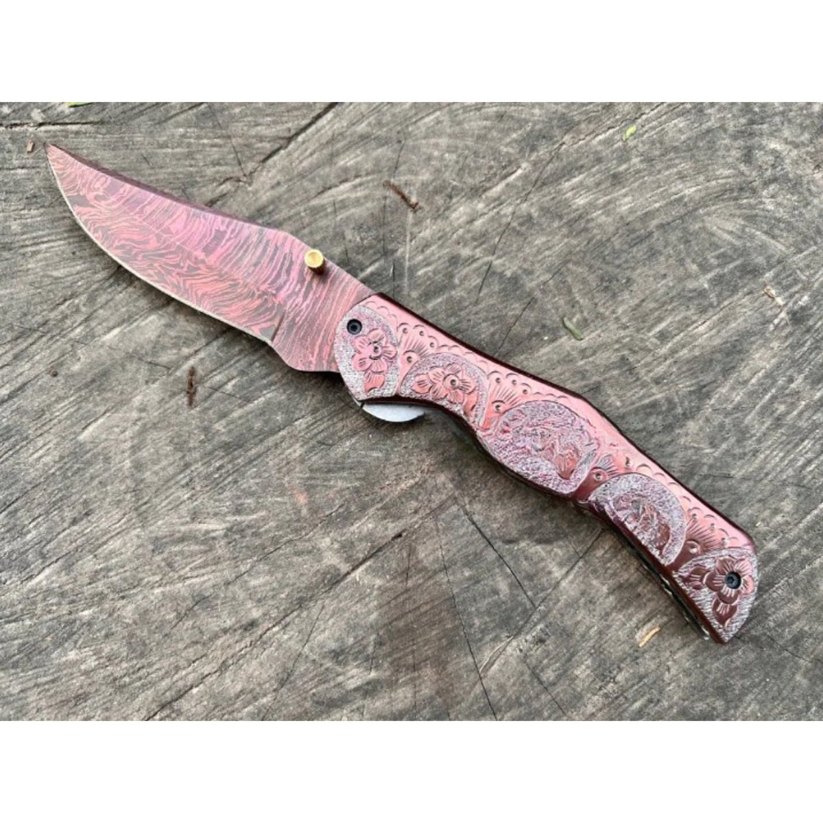 Merith Damascus Foldable Pocket Knife - Red - Notbrand
