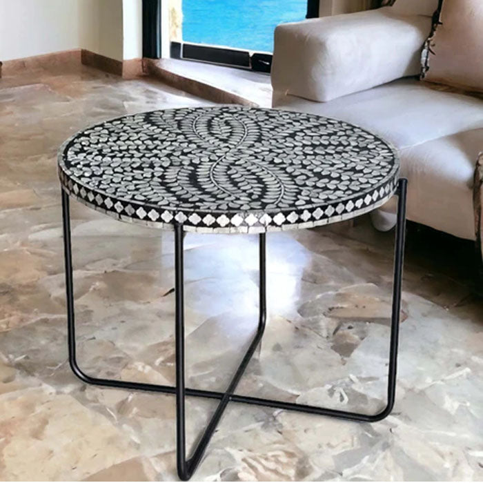Monochrome Elegance Circular Side Table - Mother Of Pearl - Notbrand