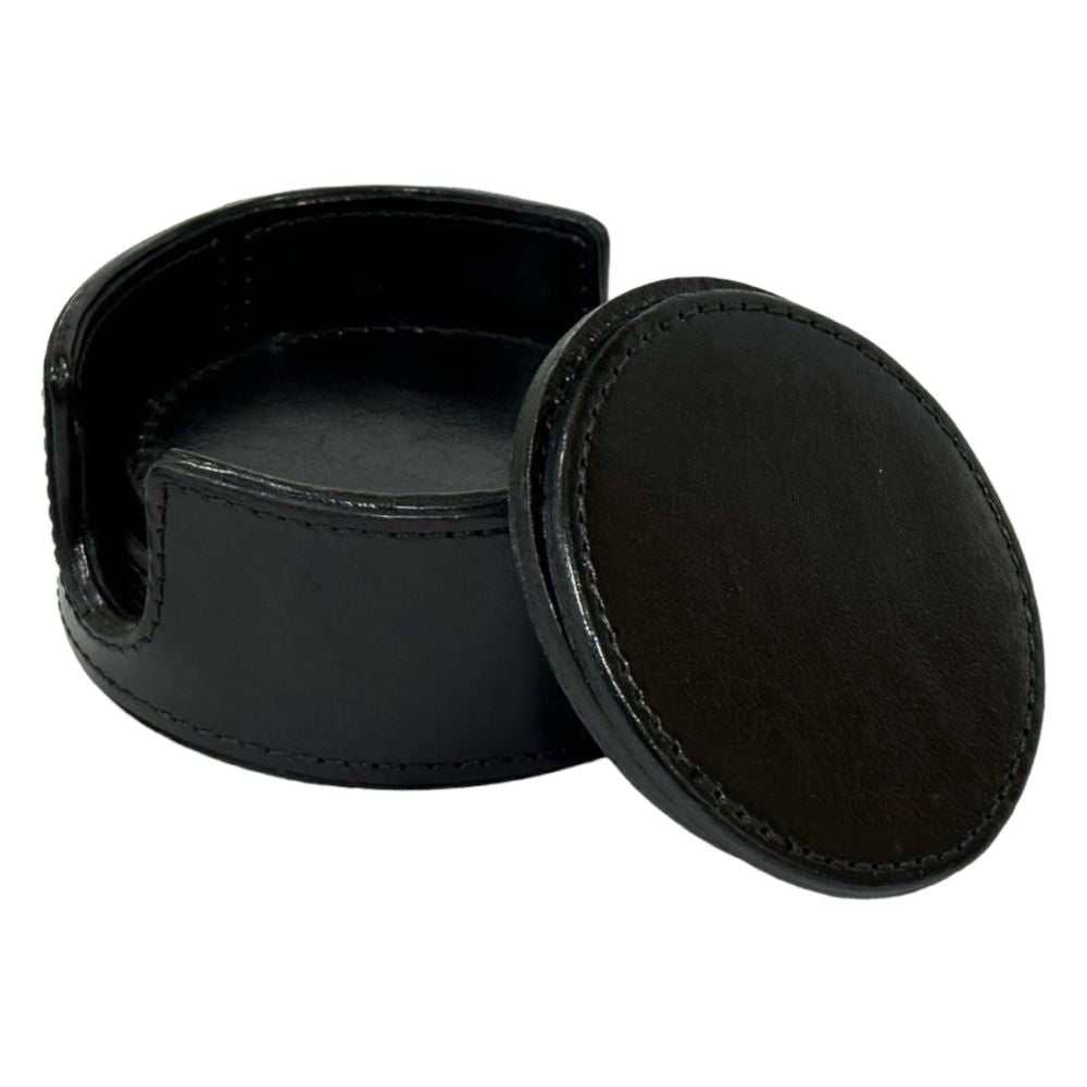 Norcan Leather Round Coasters - Black - Notbrand