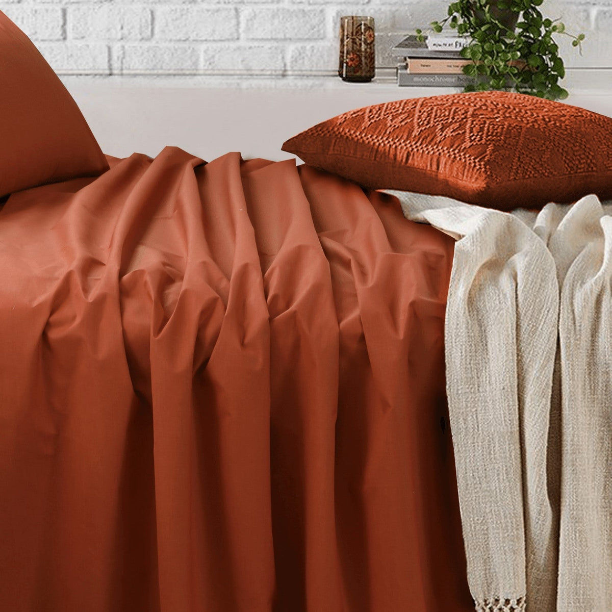 Royale Cotton Flat And Fitted Sheet Set With Pillowcases - Rust - Notbrand
