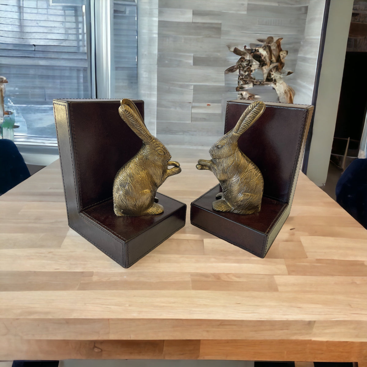 Set of 2 Rabbit Figurine Bookends - Dark Leather