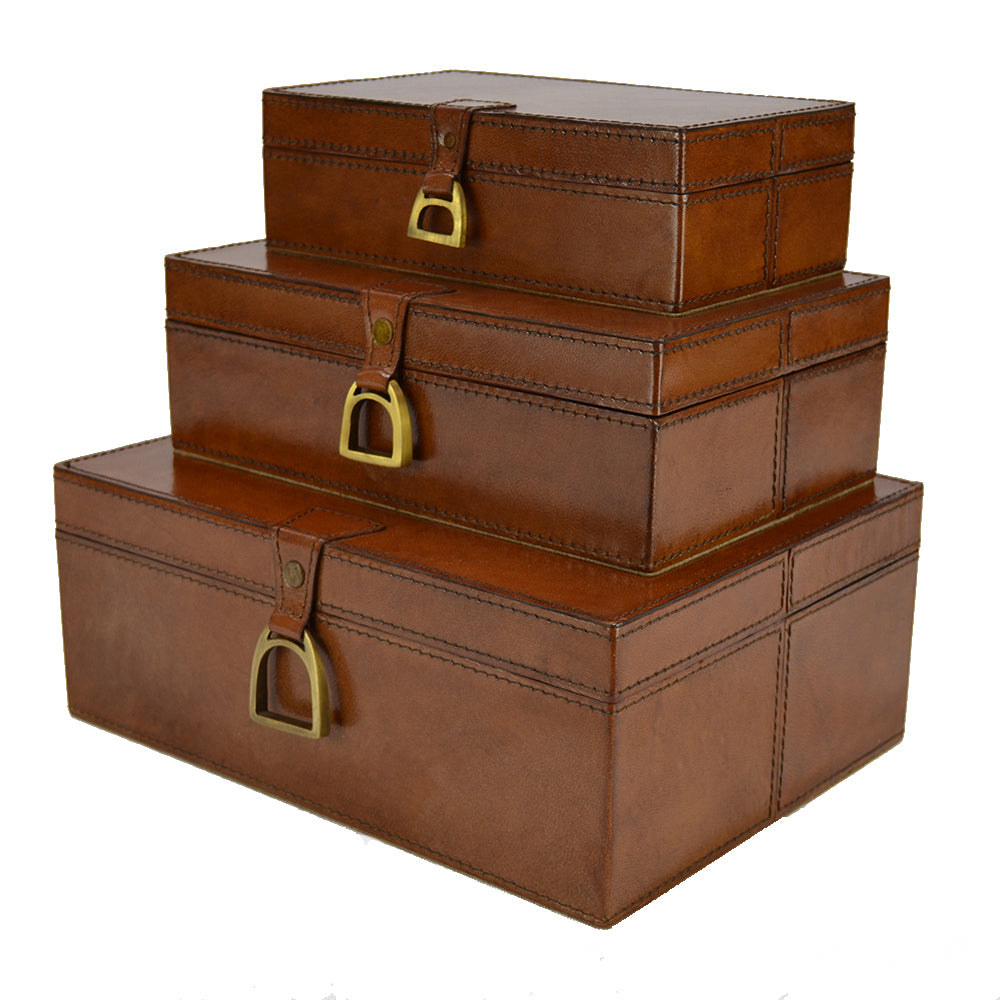 Agabe Set of 3 Leather Boxes with Stirrups - Tan - NOTBRAND