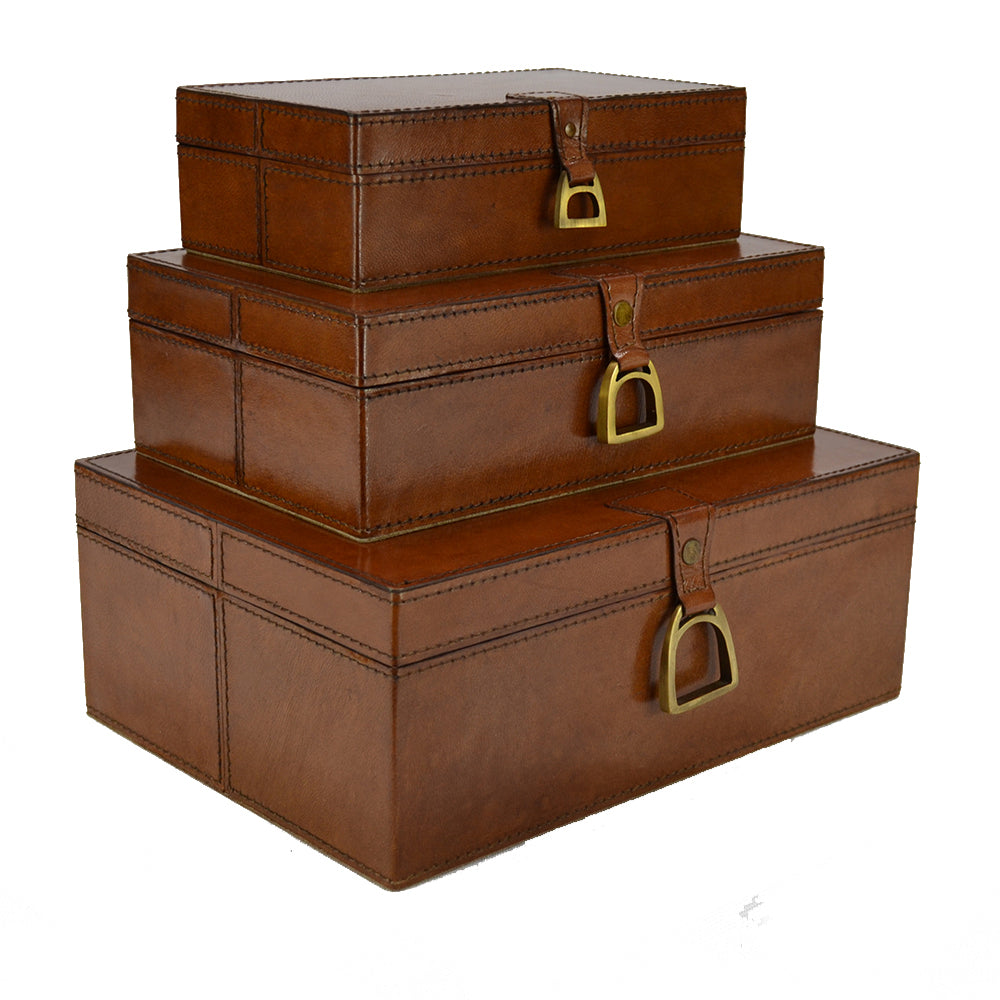 Agabe Set of 3 Leather Boxes with Stirrups - Tan - Notbrand