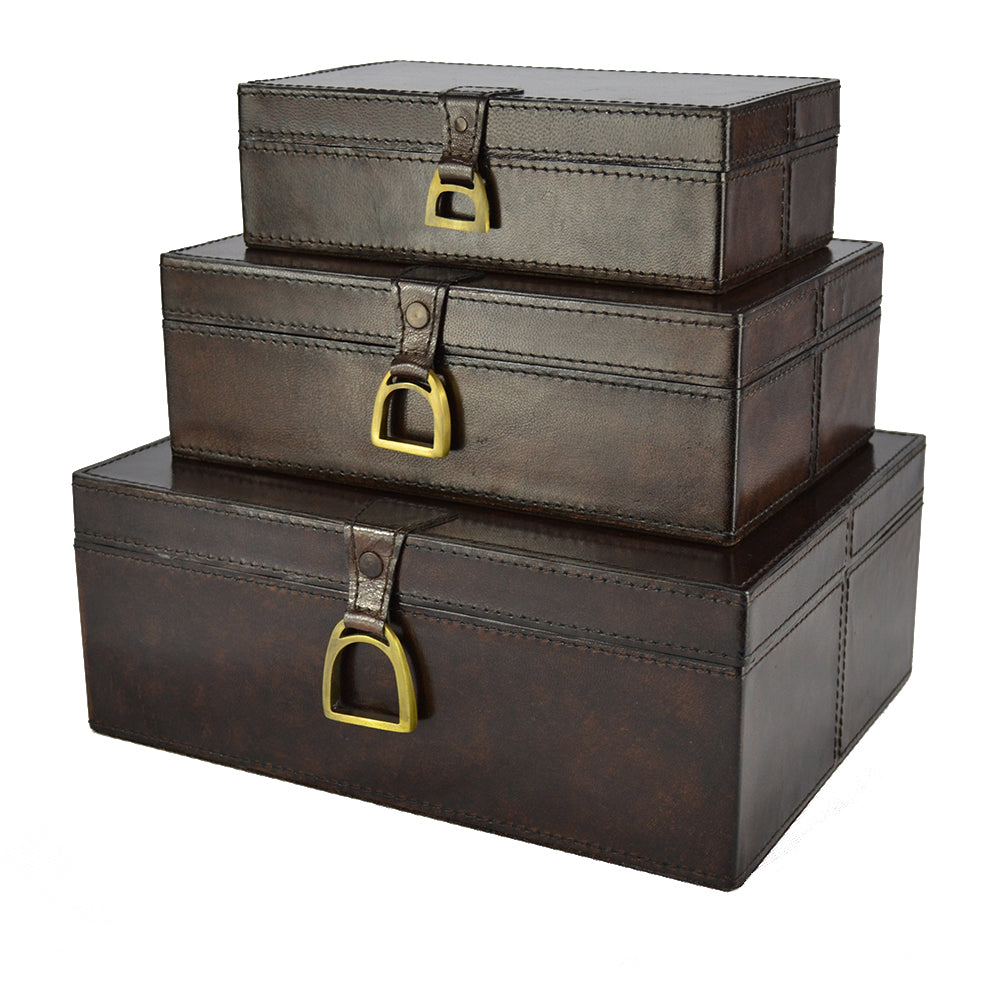 Agabe Set of 3 Leather Boxes with Stirrups - Dark - Notbrand