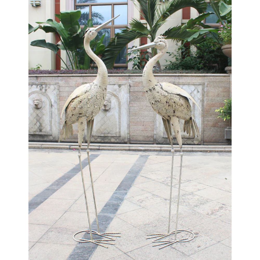 Set of 2 Outdoor Metal Cranes in Rustic Cream - Large - Notbrand