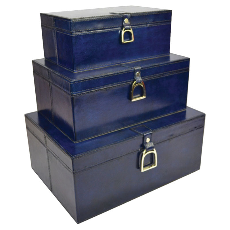 Agabe Set of 3 Leather Boxes with Stirrups - Blue- Notbrand