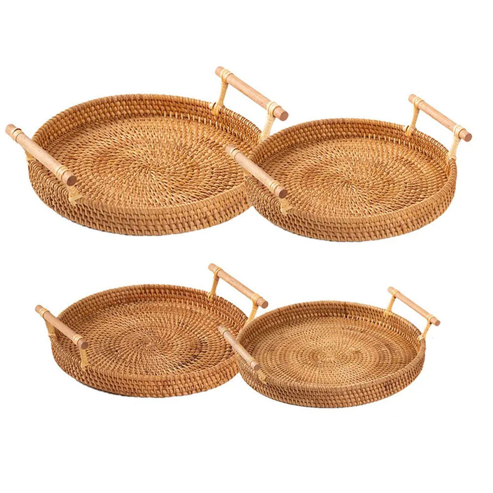 Set of 4 Handwoven Rattan Storage Round Tray With Wooden Handle -  Notbrand
