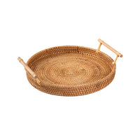 Set of 4 Handwoven Rattan Round Tray With Wooden Handle - Notbrand