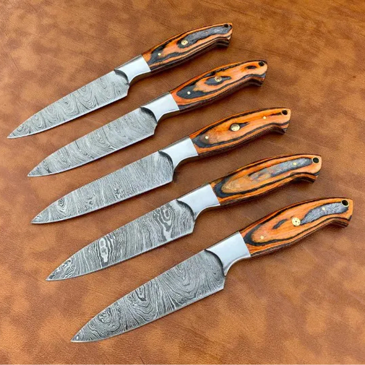 Set of 5 Wade Damascus Steak Knives with Leather Roller Bag - Notbrand