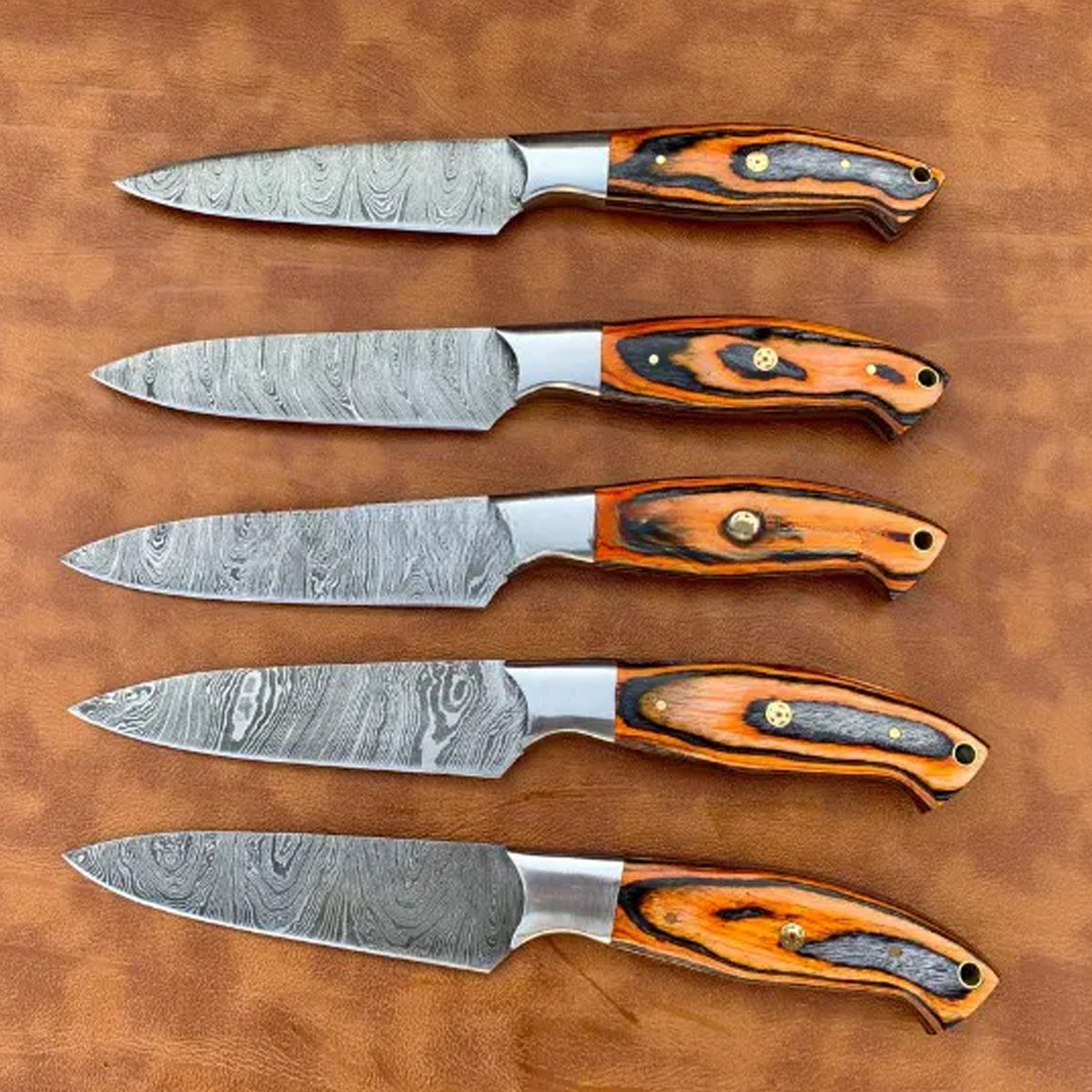 Set of 5 Wade Damascus Steak Knives with Leather Roller Bag - Notbrand