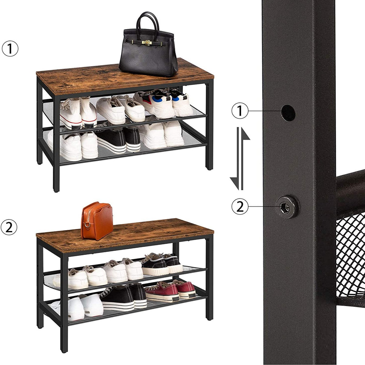 Lecoi 3-Tier Shoe Rack with Bench - Rustic Brown & Black - Notbrand
