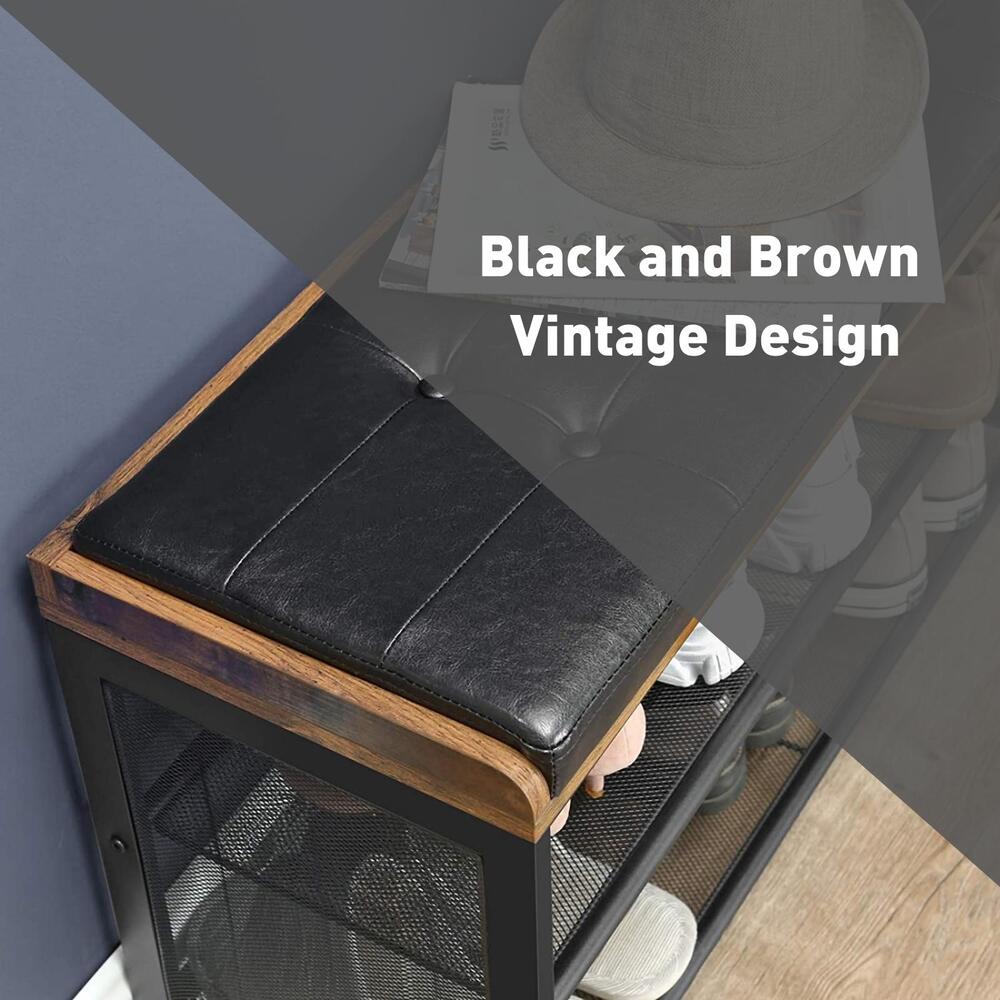 Vasagle 2 Shelves Shoe Rack with Padded Bench - Brown & Black - Notbrand