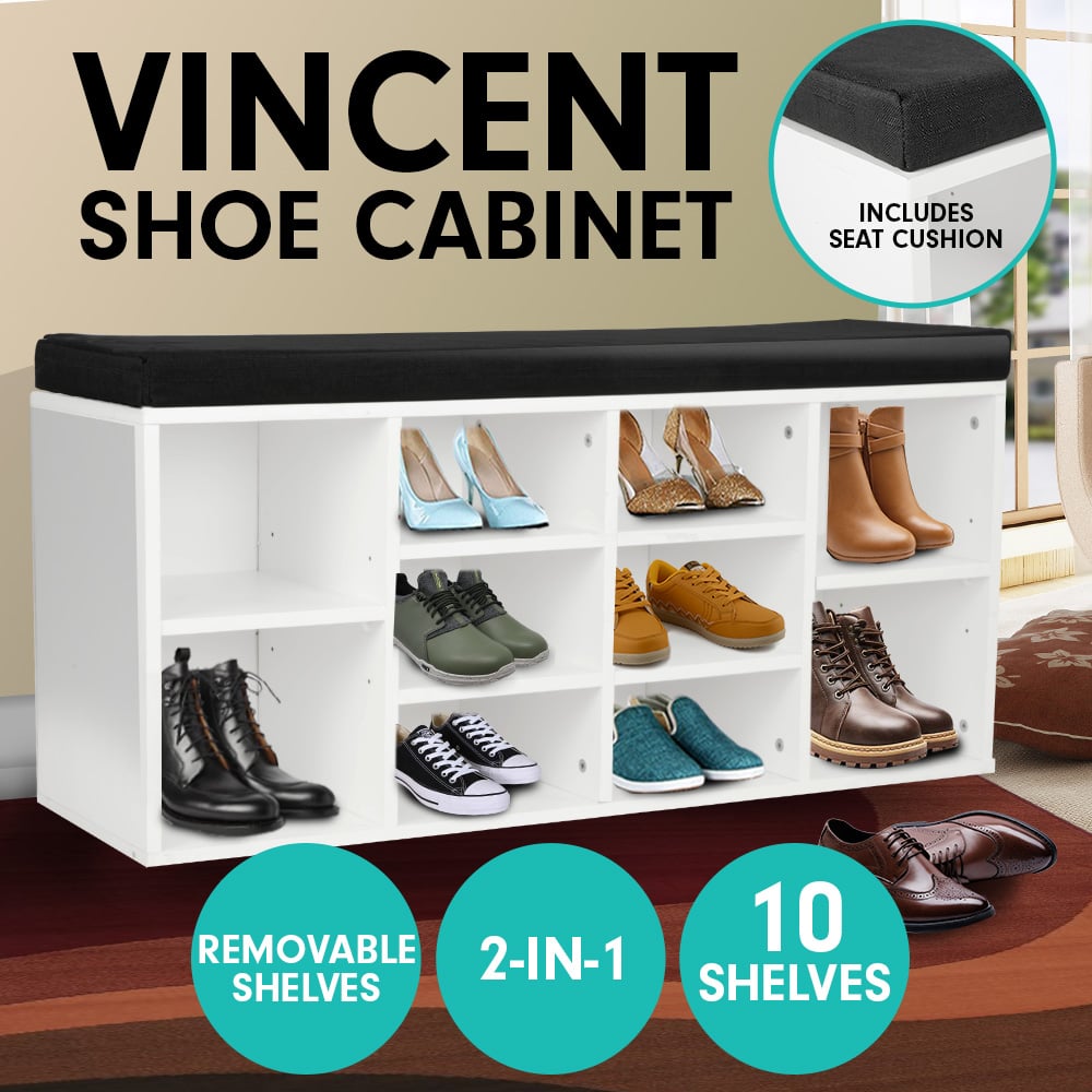 Sarantino 10 Pairs Shoe Cabinet with Bench - White - Notbrand