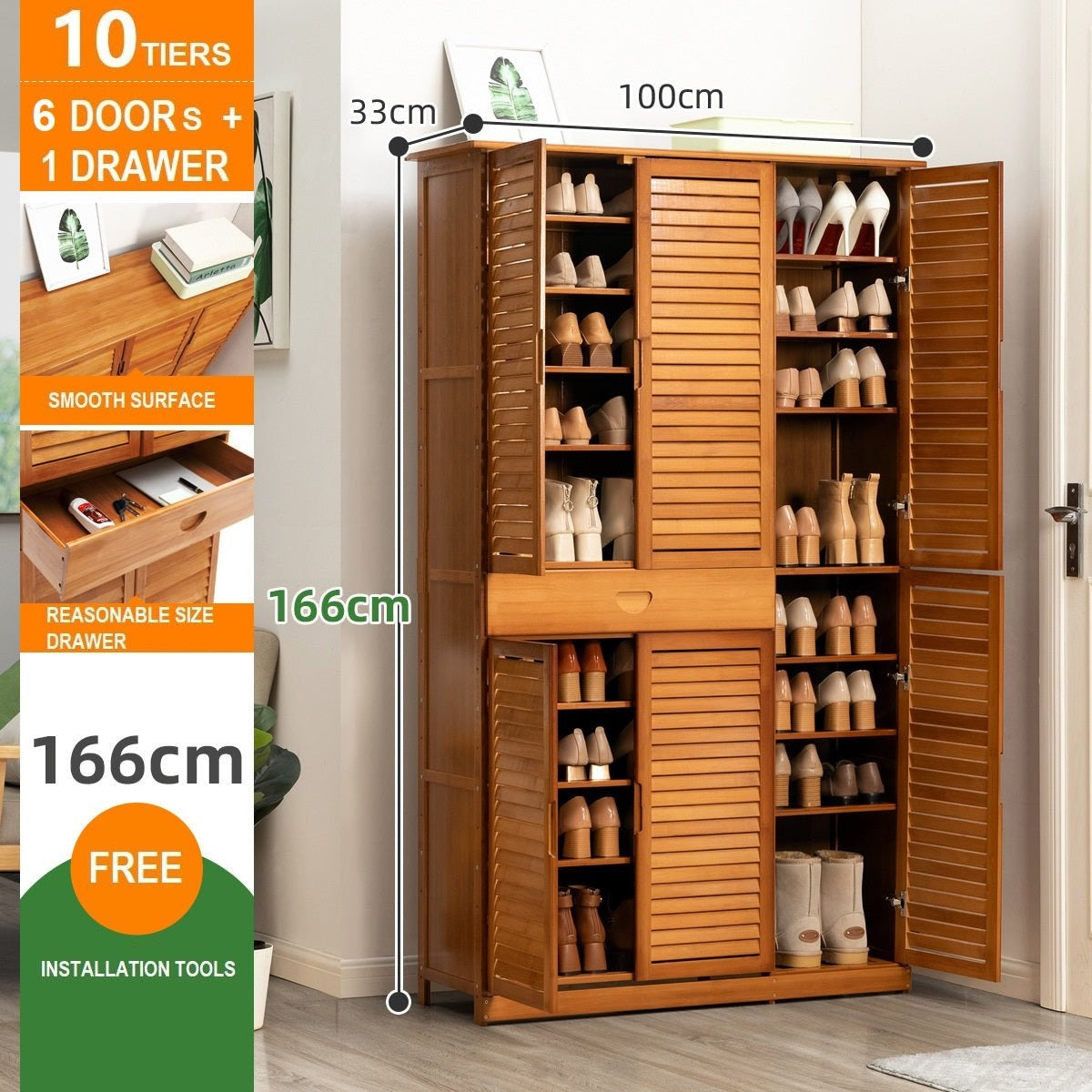 Lecoi 10 Tier & 4 Door Bamboo Shoe Rack Cabinet with 1 Drawer - Natural - Notbrand